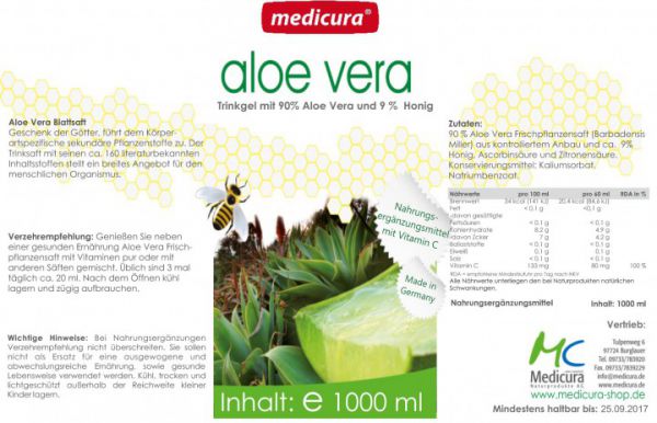 Aloe Vera Frischpflanzensaft mit Honig - 1000 ml PET-Flasche