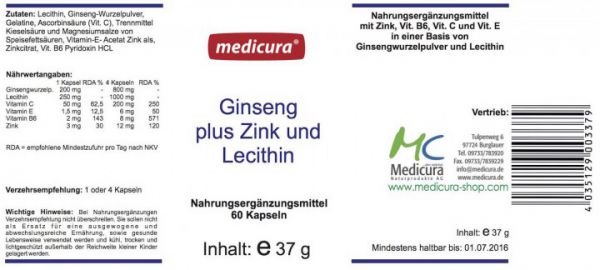 Ginseng + Zink + Lecithin - 60 Kapseln